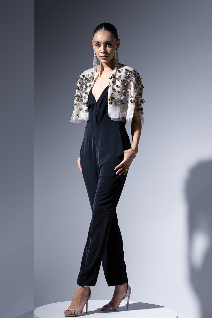 Crepe Jumpsuit with Sequin Cape