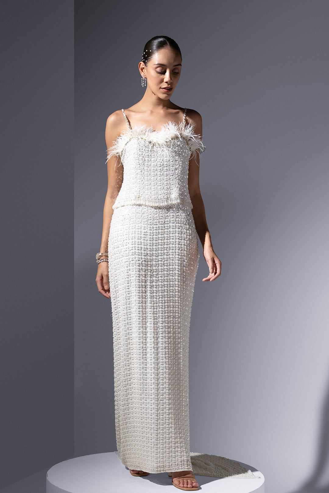 pearl chiffon dress PEARL SQUARE MESH LACE AND CHIFFON DRESS IN SILVER | CULT MIA