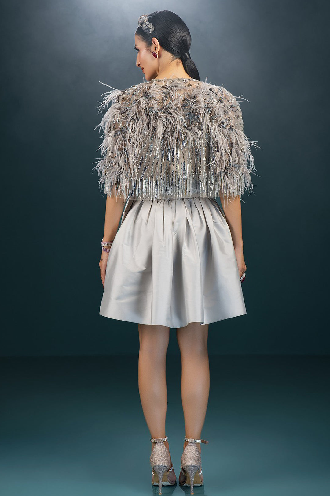 Embroidered A-Line and Feathered Jacket Ensemble
