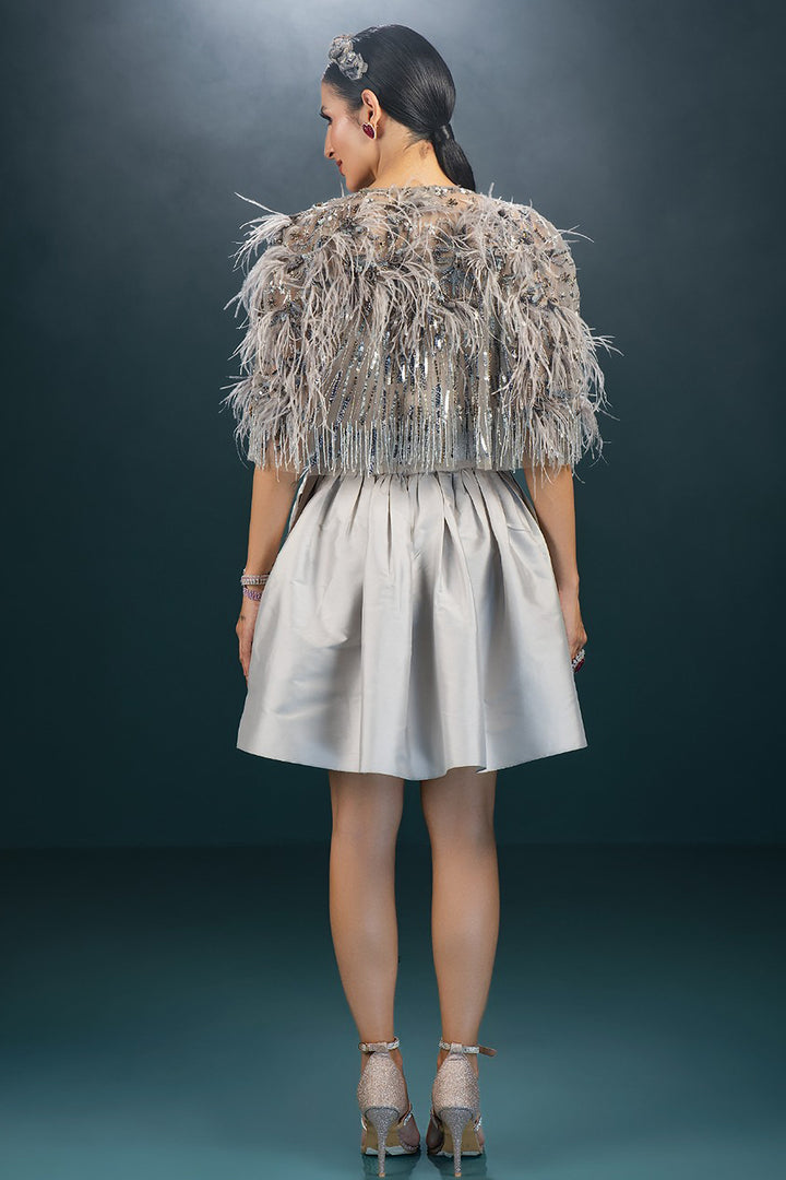 Embroidered A-Line and Feathered Jacket Ensemble