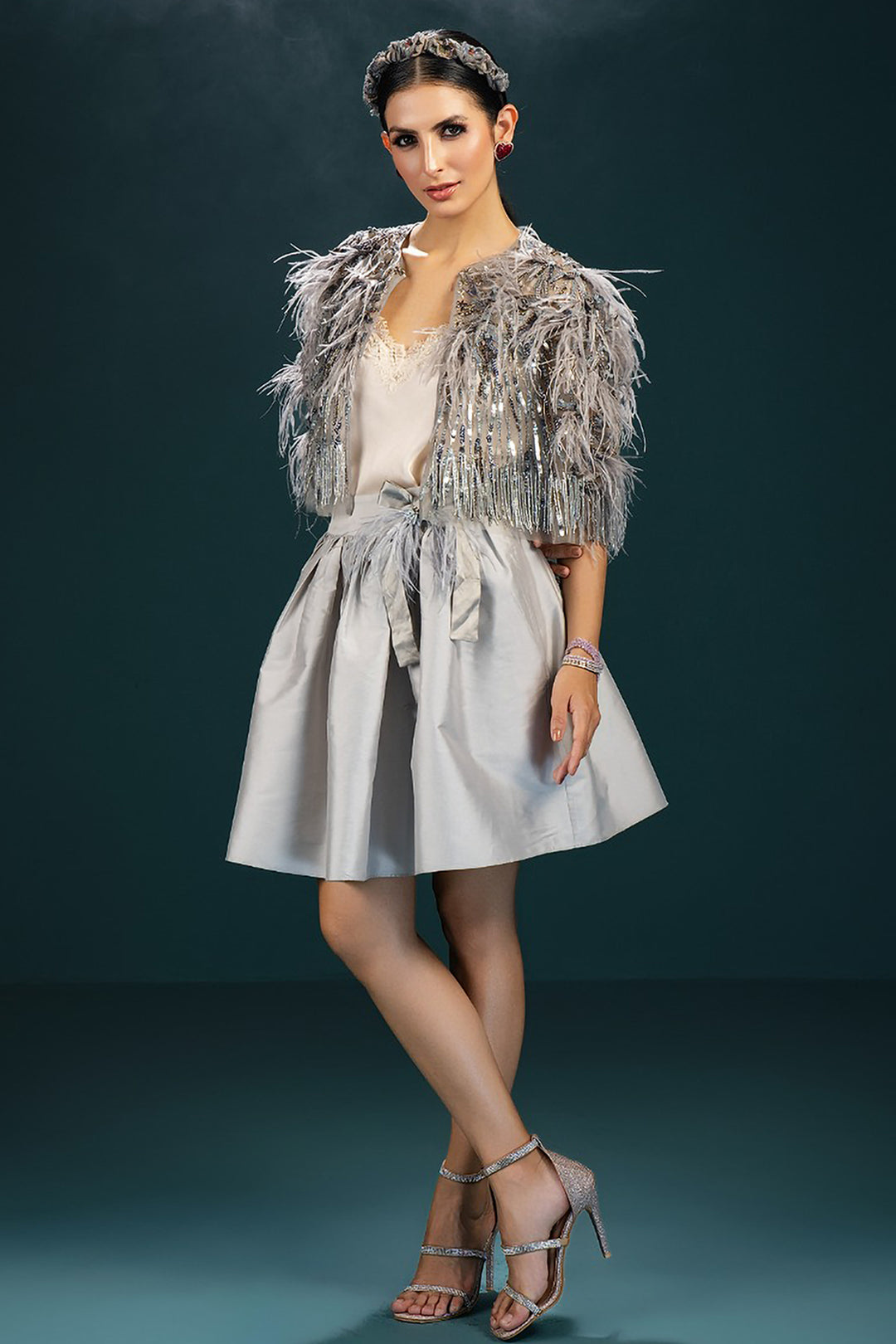 Embroidered A-Line and Feathered Jacket Ensemble