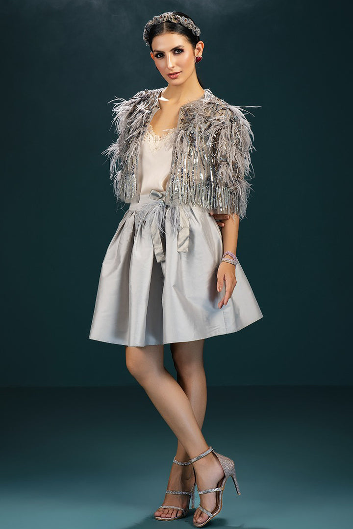 Embroidered A-Line and Feathered Jacket Ensemble
