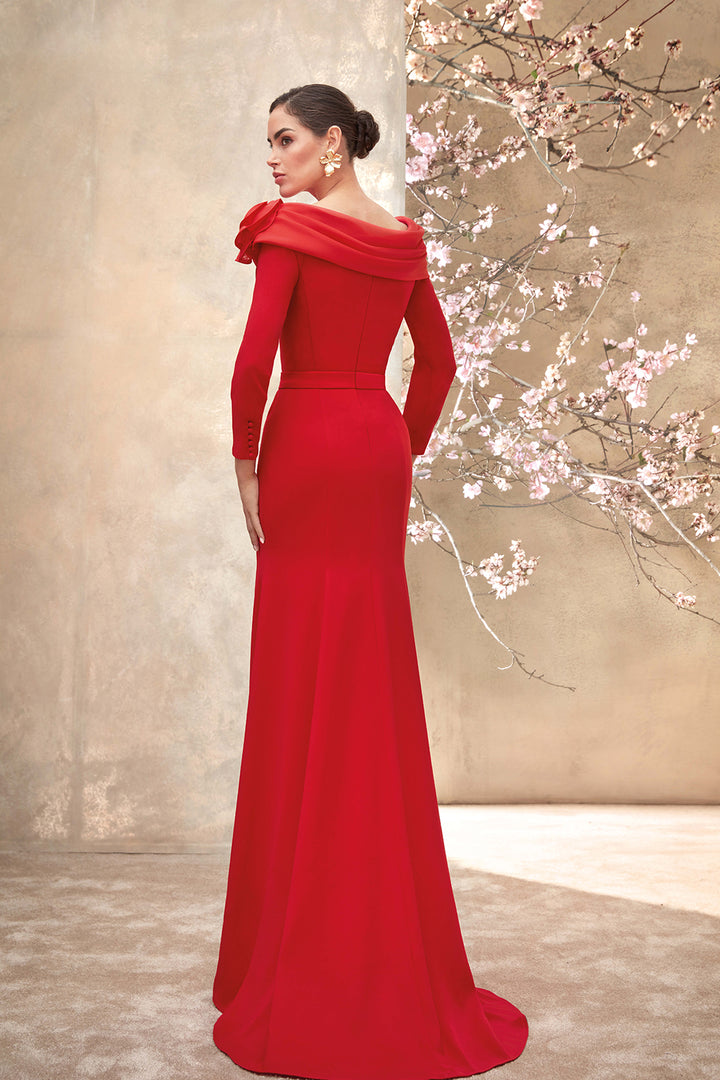 Mermaid Crepe Dress with Ruffled Collar