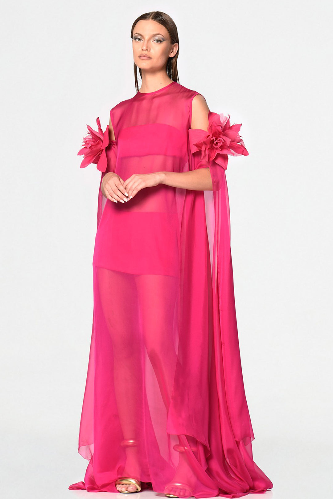 Three-Piece Long Dress with Crop Top and Mini Skirt