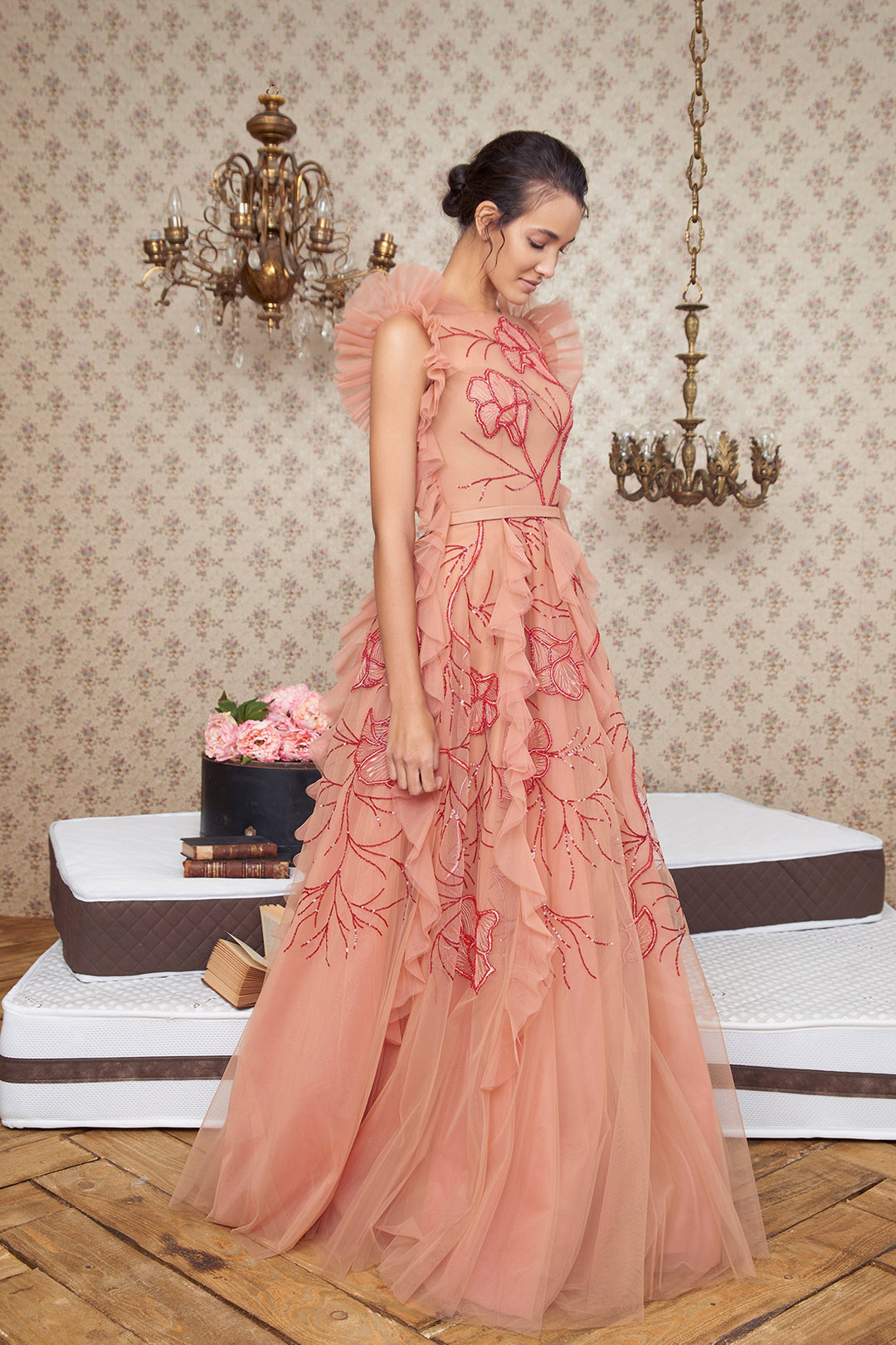 Tulle Long Dress with Embellished Bust