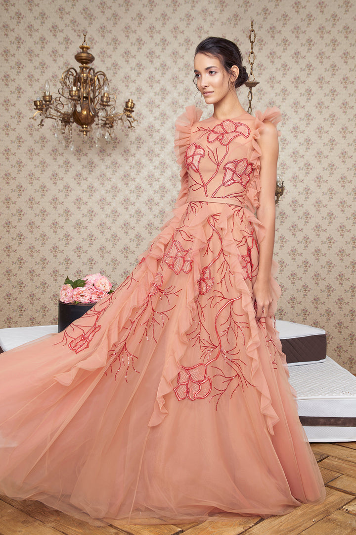 Tulle Long Dress with Embellished Bust