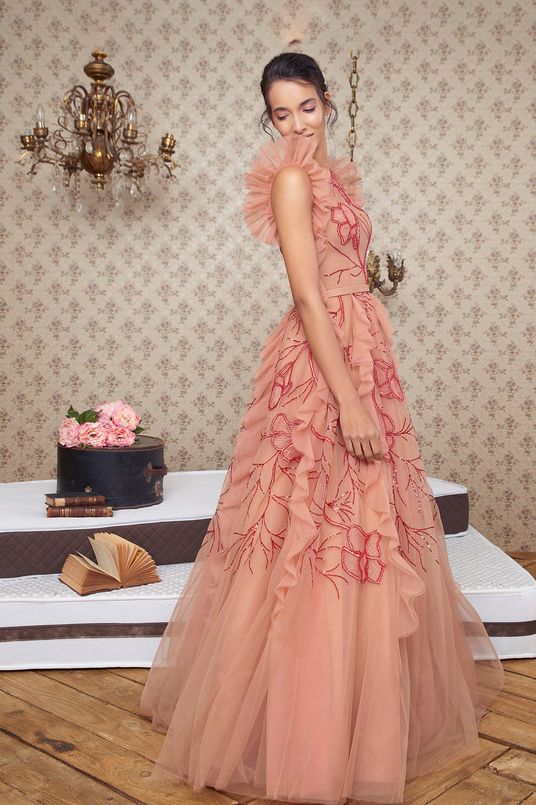 Tulle Long Dress with Embellished Bust