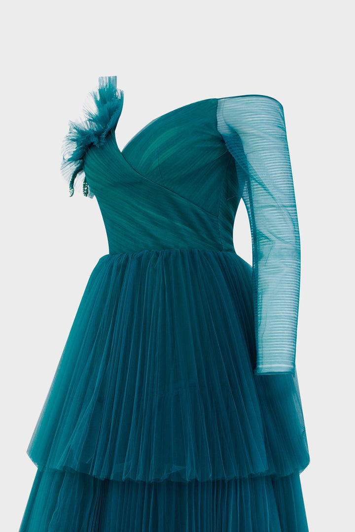 V-Neckline Black Tulle Dress with Ruffles