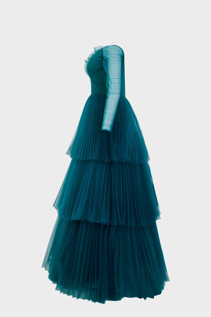 V-Neckline Black Tulle Dress with Ruffles