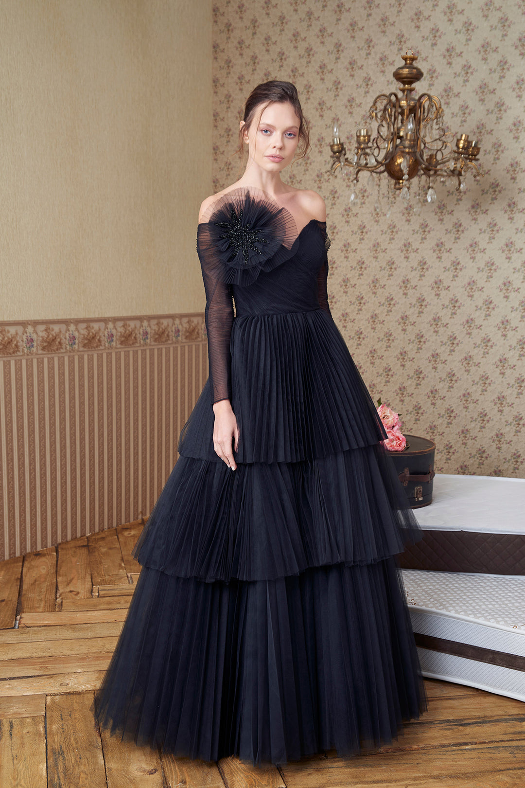 V-Neckline Black Tulle Dress with Ruffles