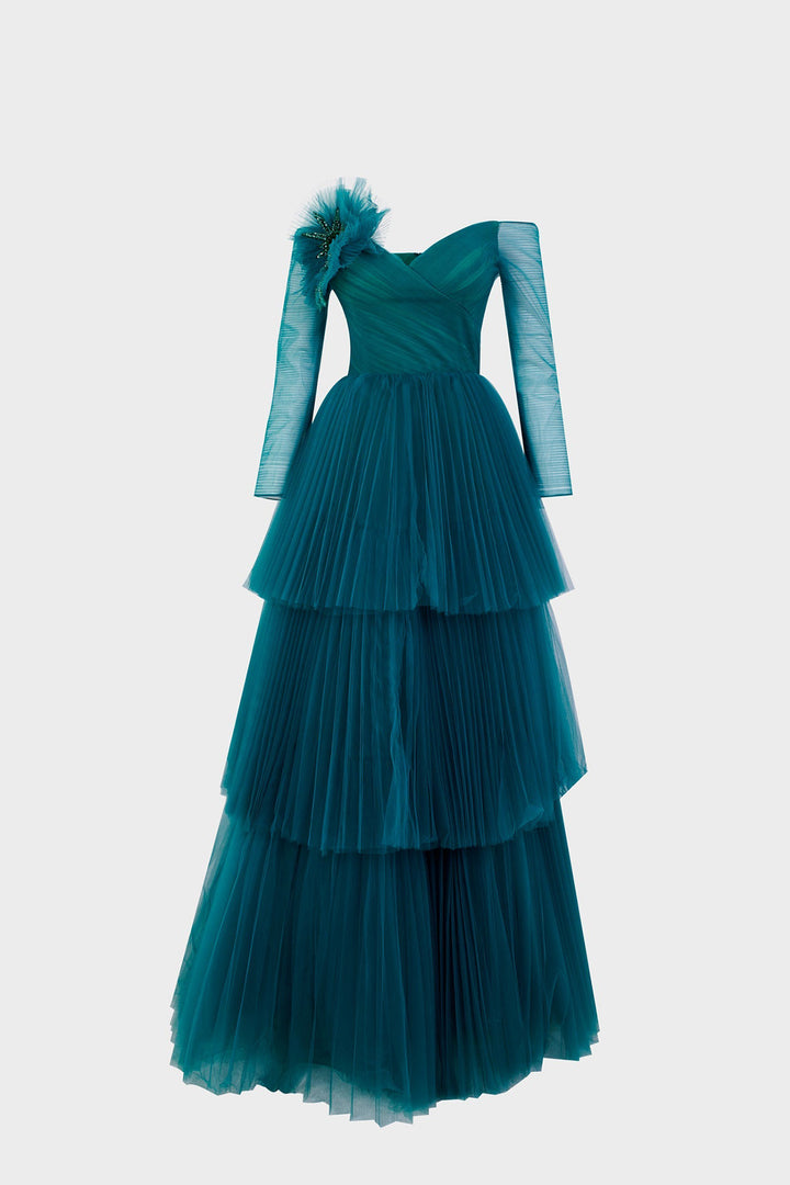 V-Neckline Black Tulle Dress with Ruffles