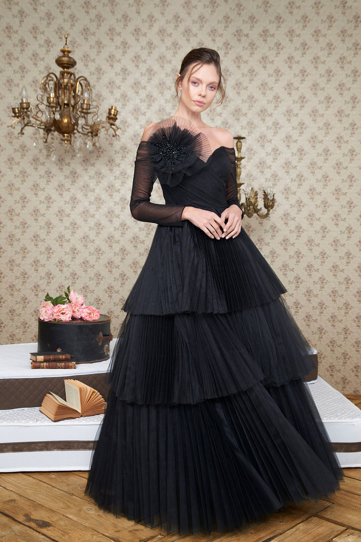 V-Neckline Black Tulle Dress with Ruffles
