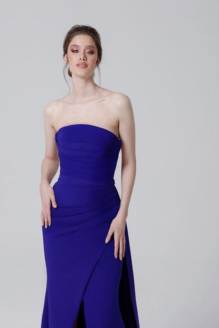 Crepe Strapless Long Dress with Tail