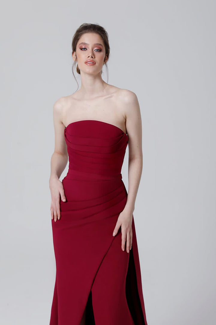 Crepe Strapless Long Dress with Tail