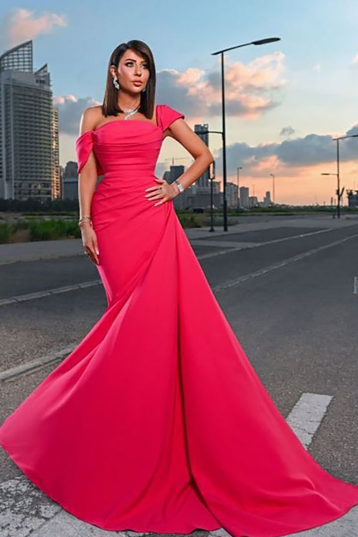 Crepe Strapless Long Dress with Tail