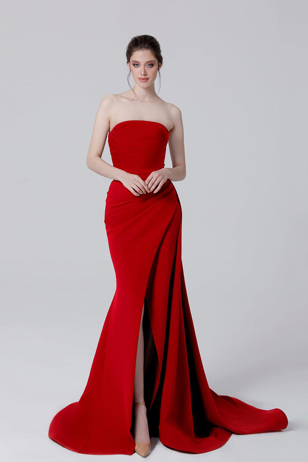 Crepe Strapless Long Dress with Tail