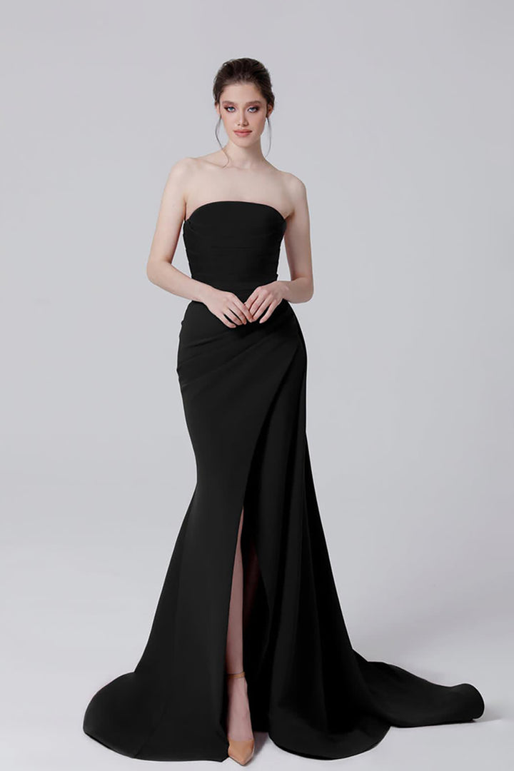 Crepe Strapless Long Dress with Tail