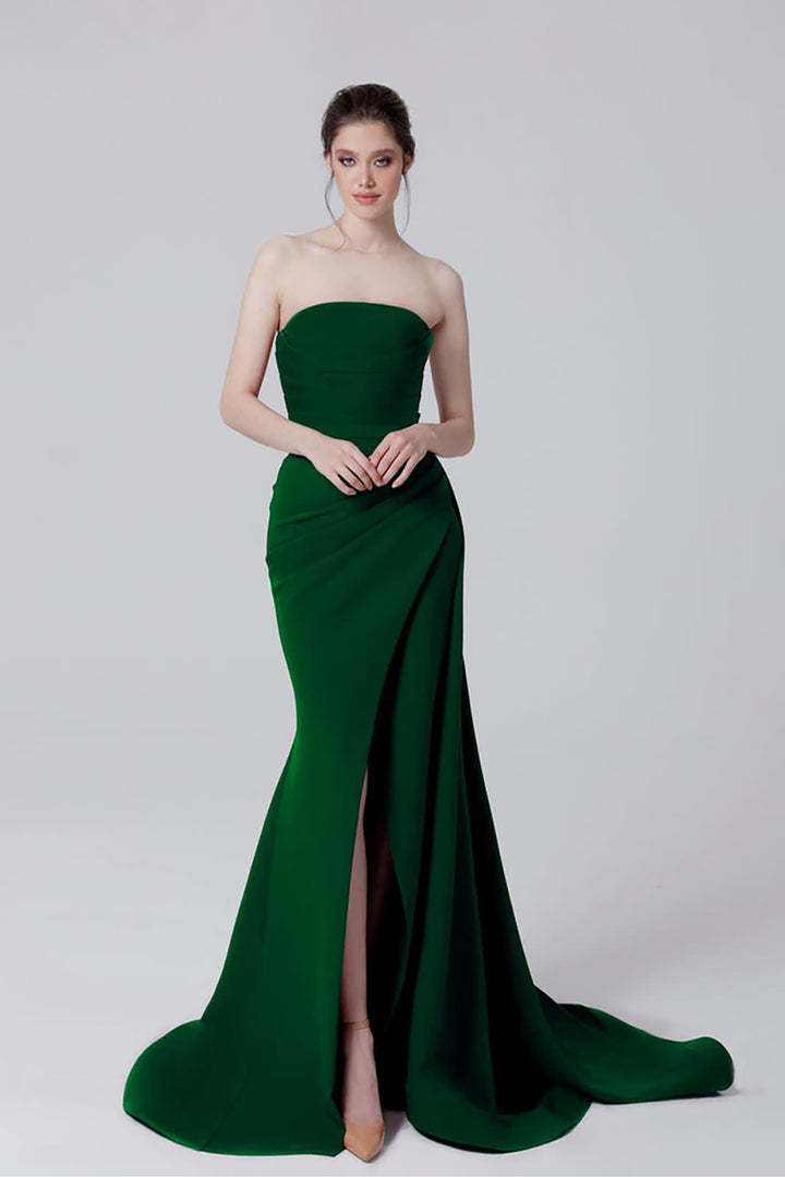 Crepe Strapless Long Dress with Tail