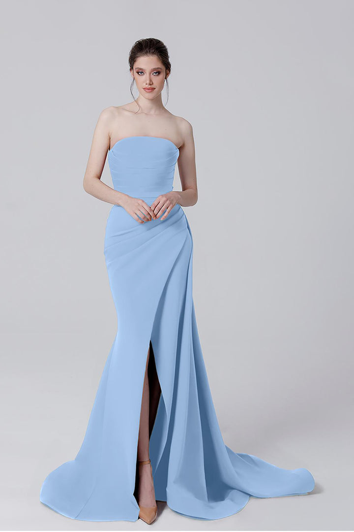 Crepe Strapless Long Dress with Tail