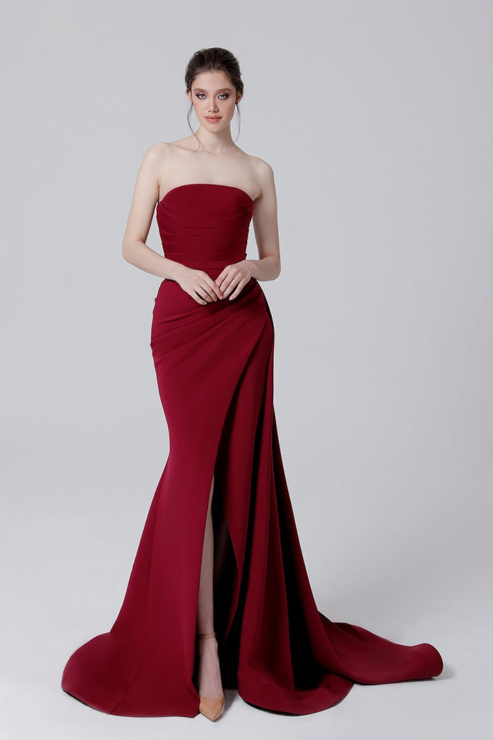 Crepe Strapless Long Dress with Tail