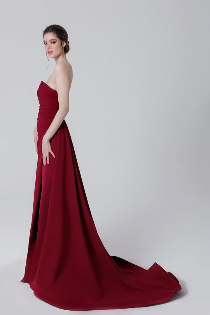 Crepe Strapless Long Dress with Tail