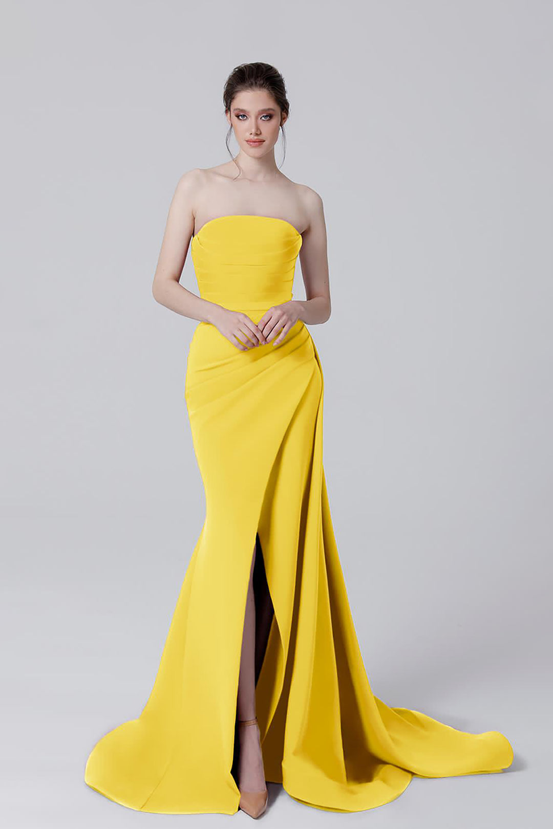 Crepe Strapless Long Dress with Tail
