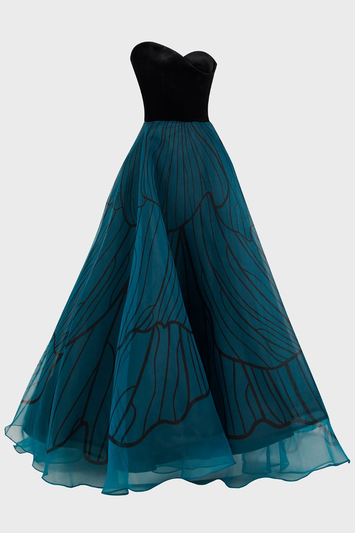 Velvet Bust Long Dress with Corset Details