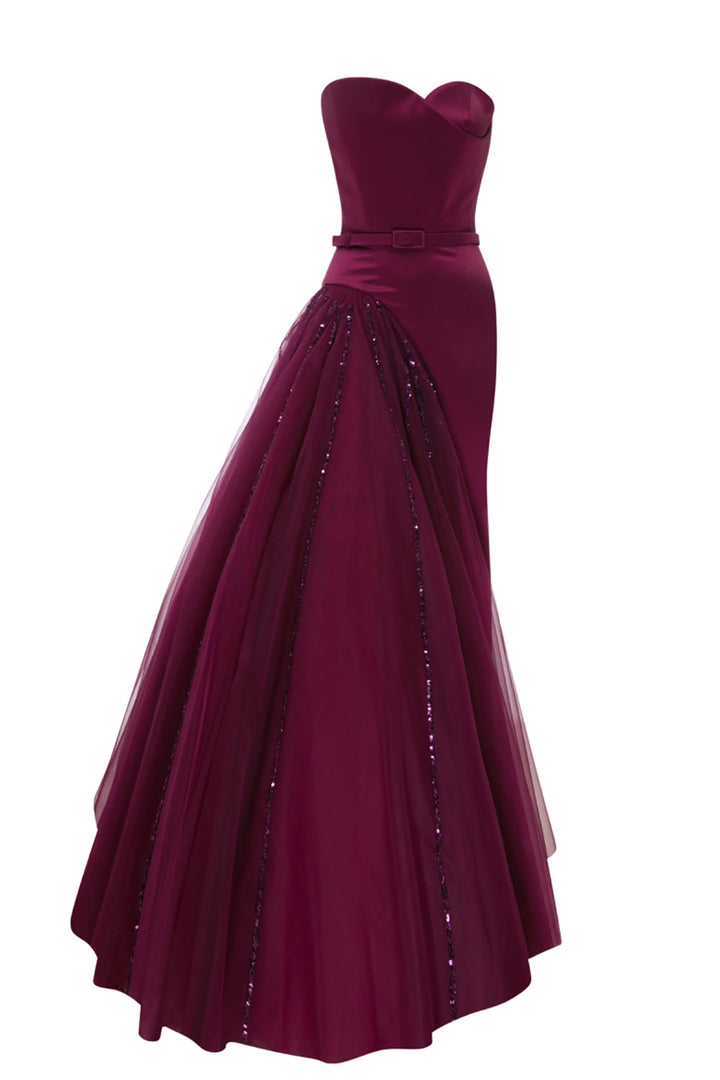 Satin Beaded Dress with Strapless Heart Bust