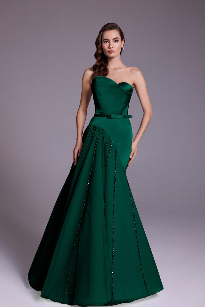 Satin Beaded Dress with Strapless Heart Bust