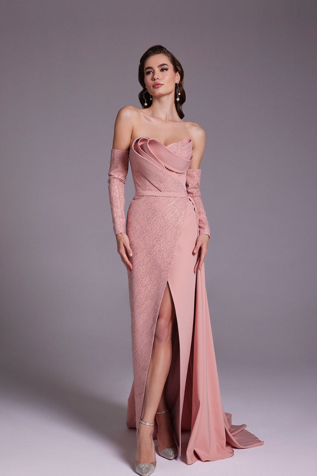 Beaded Crepe Dress with Draped Bust