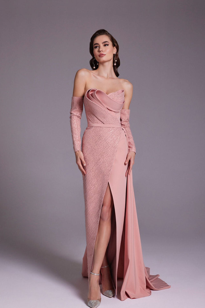 Beaded Crepe Dress with Draped Bust