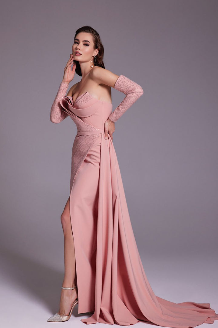 Beaded Crepe Dress with Draped Bust