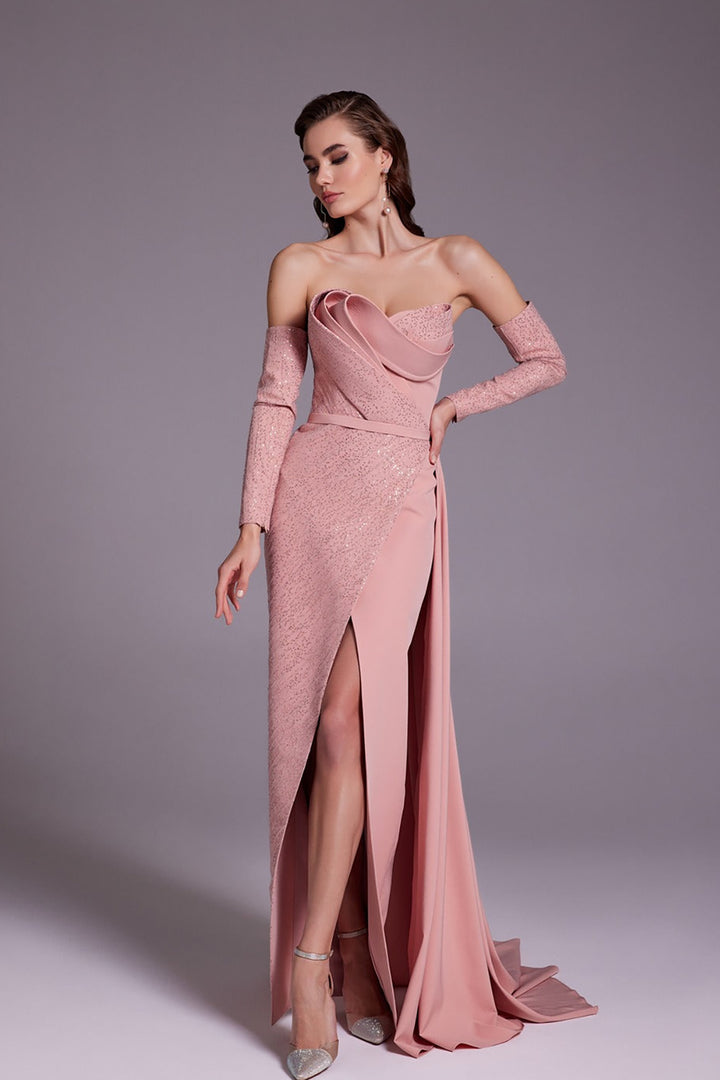 Beaded Crepe Dress with Draped Bust