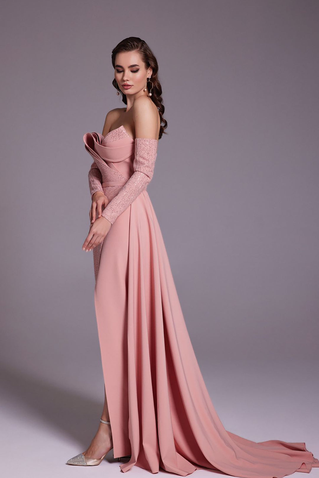 Beaded Crepe Dress with Draped Bust