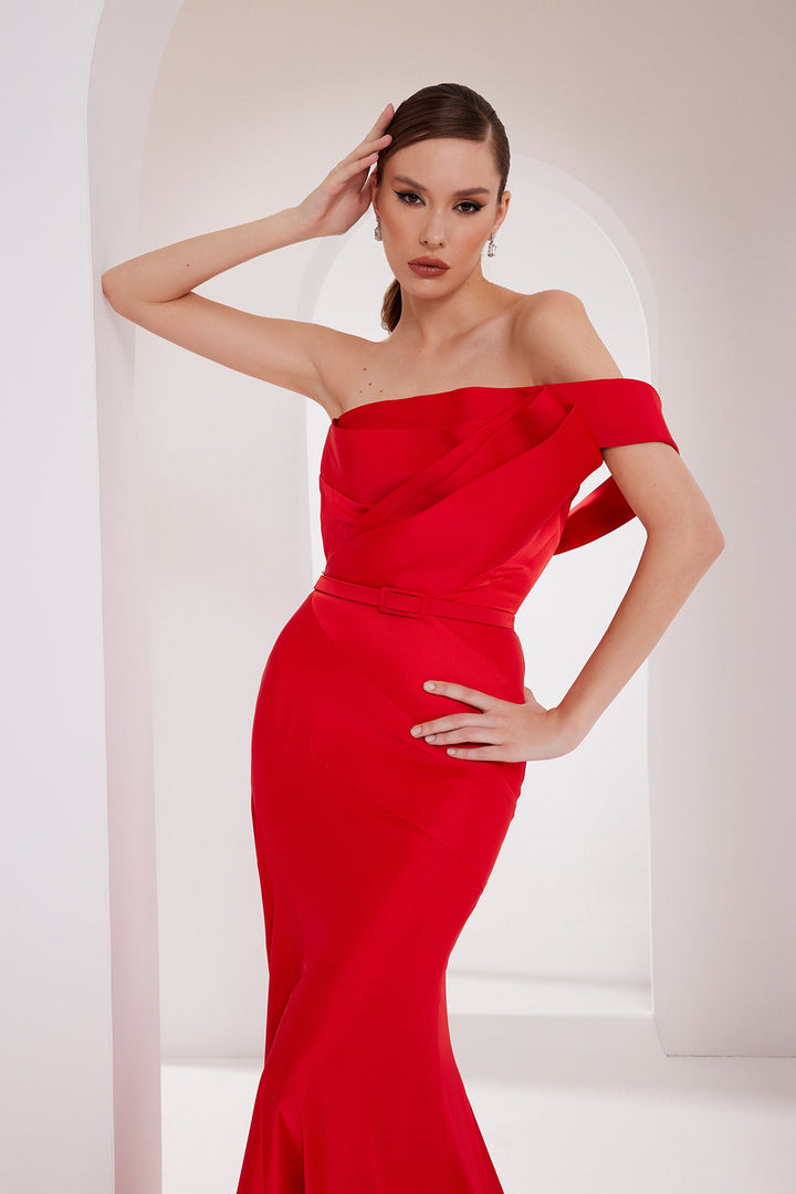 Satin Silk Strapless Mermaid Dress with Belt