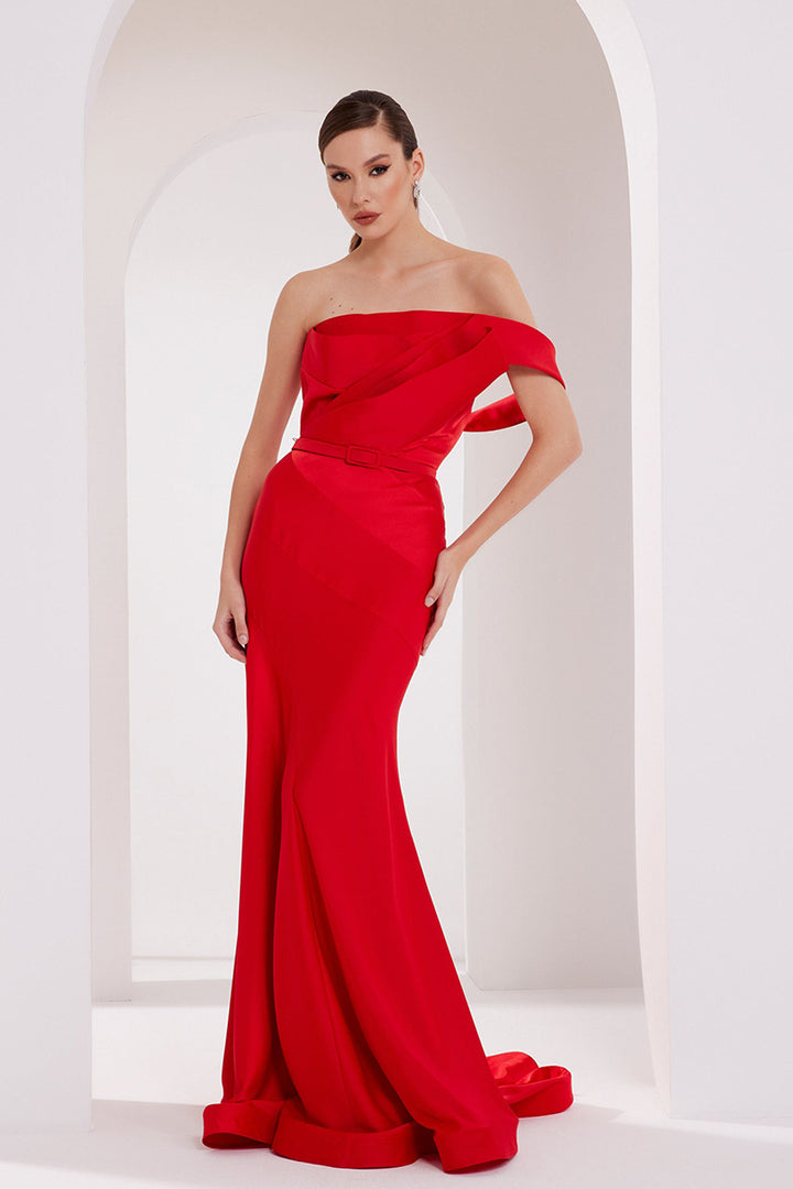 Satin Silk Strapless Mermaid Dress with Belt