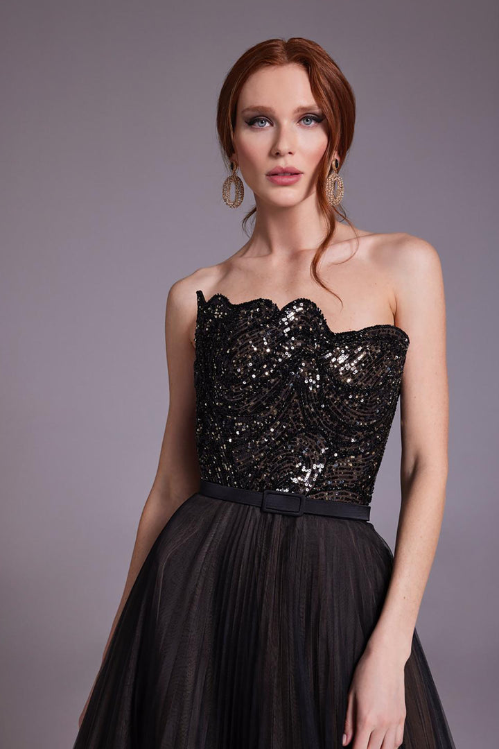 Beaded Strapless Dress with Flared Skirt