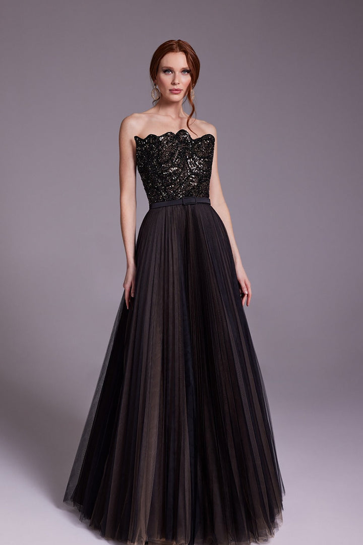 Beaded Strapless Dress with Flared Skirt