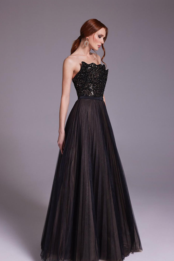 Beaded Strapless Dress with Flared Skirt