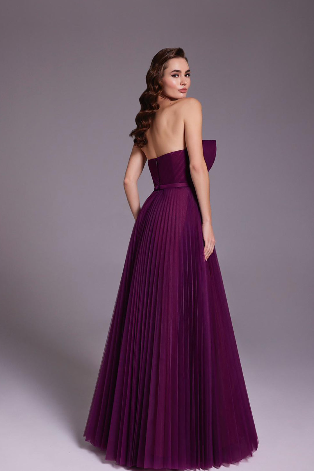 Pleated Burgundy Tulle Dress