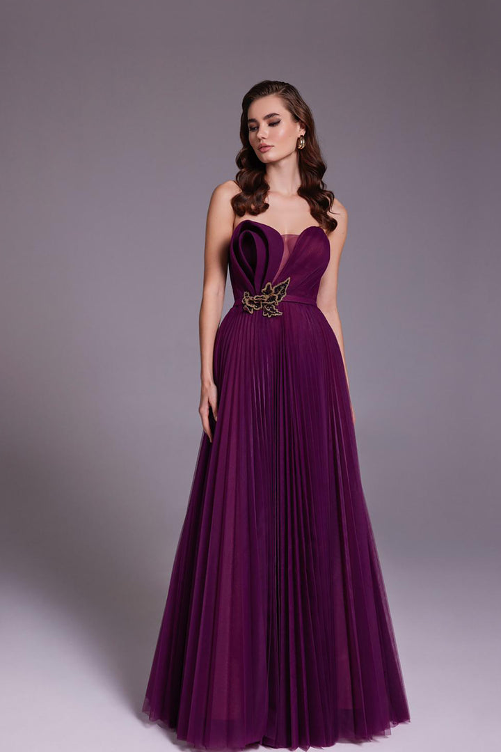 Pleated Burgundy Tulle Dress