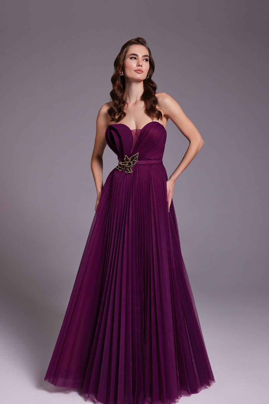 Pleated Burgundy Tulle Dress