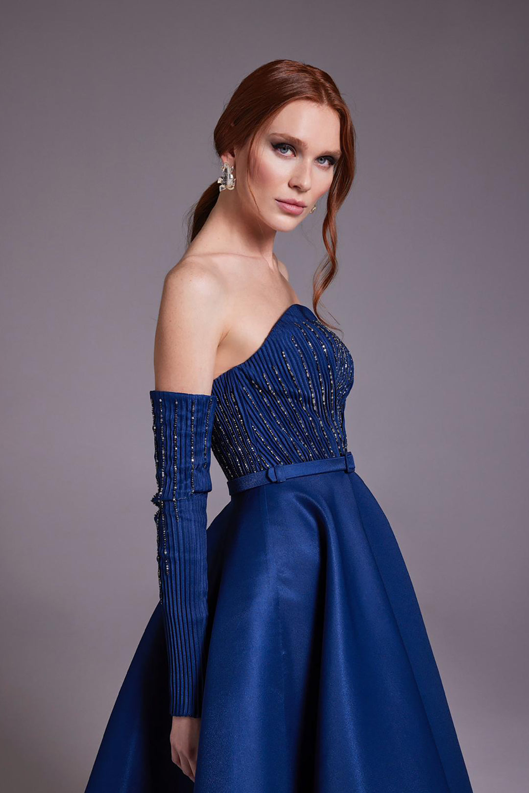 Beaded Pleated Dress with Embellished Bust