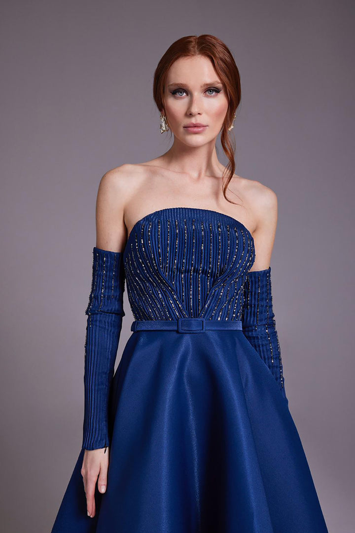 Beaded Pleated Dress with Embellished Bust