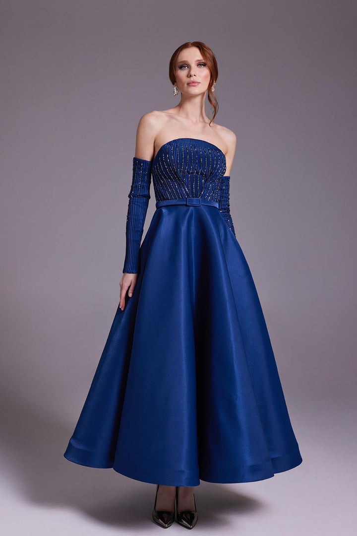 Beaded Pleated Dress with Embellished Bust