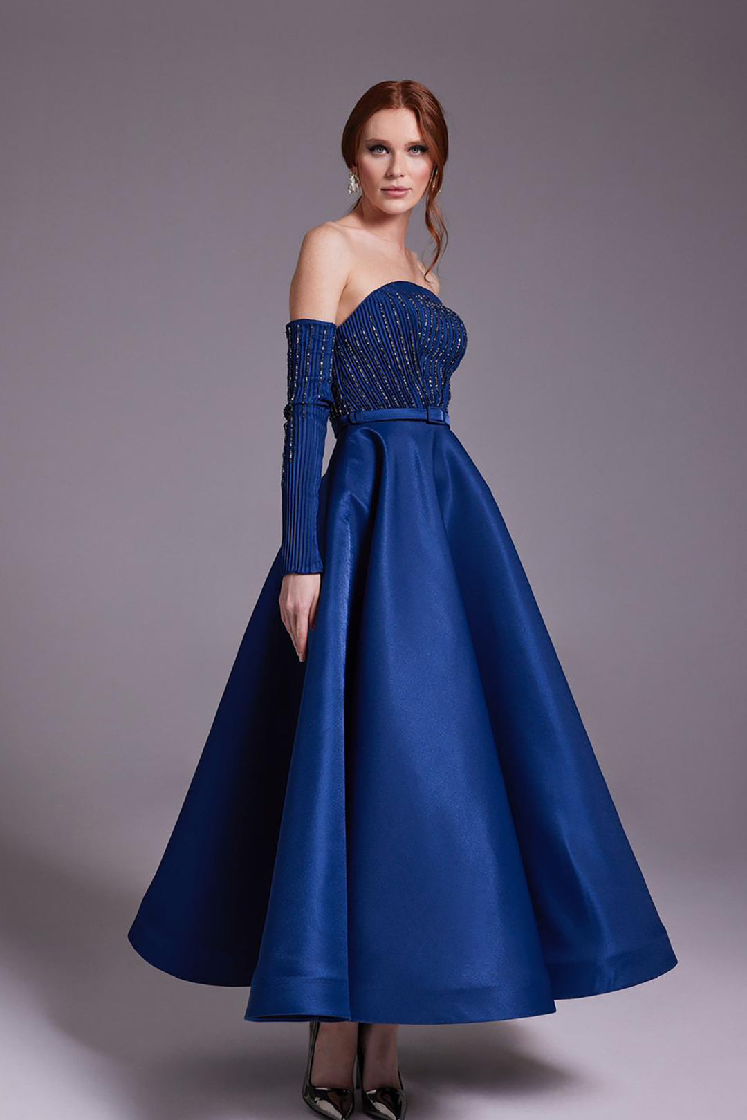 Beaded Pleated Dress with Embellished Bust