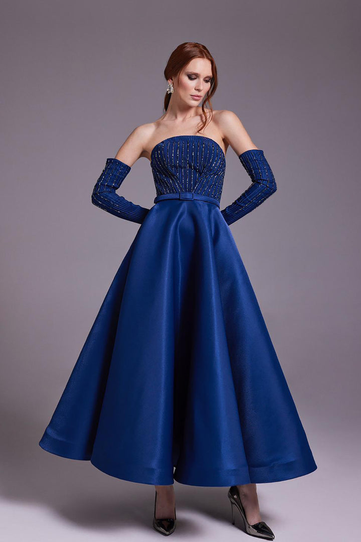 Beaded Pleated Dress with Embellished Bust