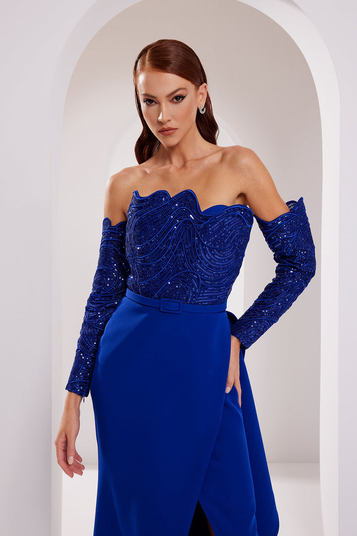 Crepe Dress with Beaded Strapless Top