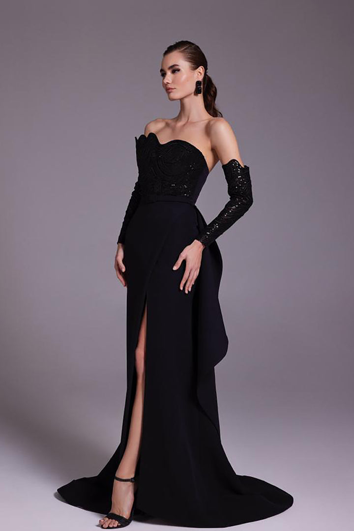 Crepe Dress with Beaded Strapless Top