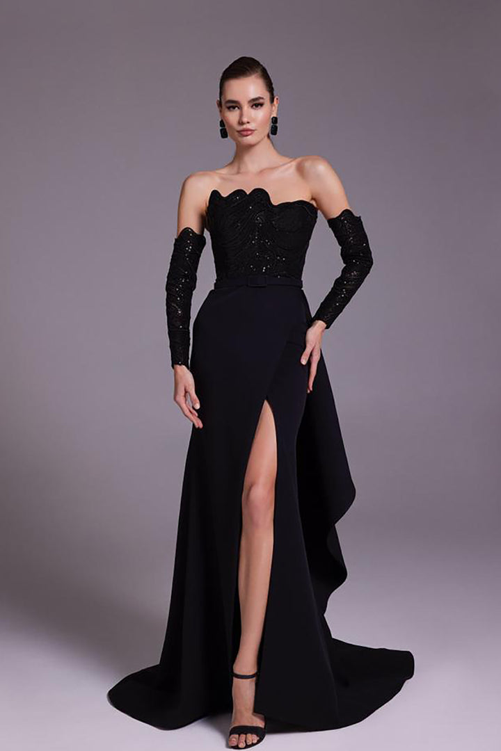 Crepe Dress with Beaded Strapless Top